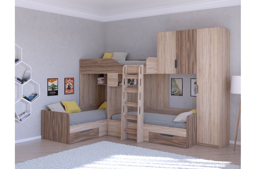 Двухъярусная кровать Трио 2 дуб сонома / орех