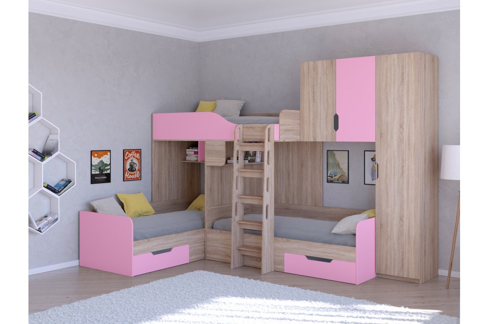 Двухъярусная кровать Трио 2 дуб сонома / розовый