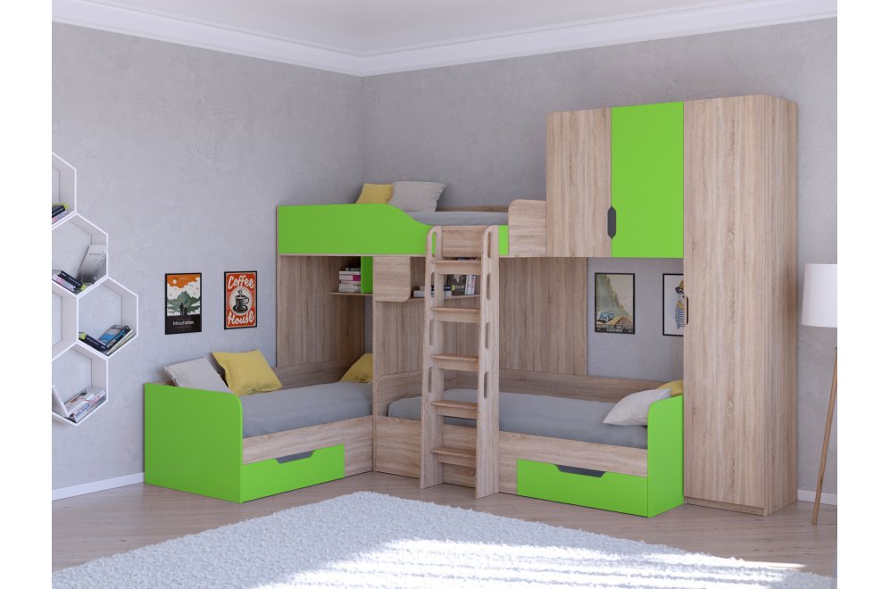 Двухъярусная кровать Трио 2 дуб сонома / салатовый