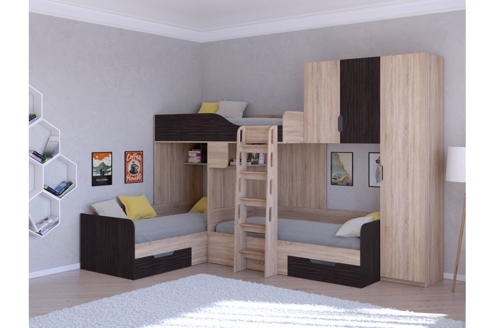 Двухъярусная кровать Трио 2 дуб сонома / венге