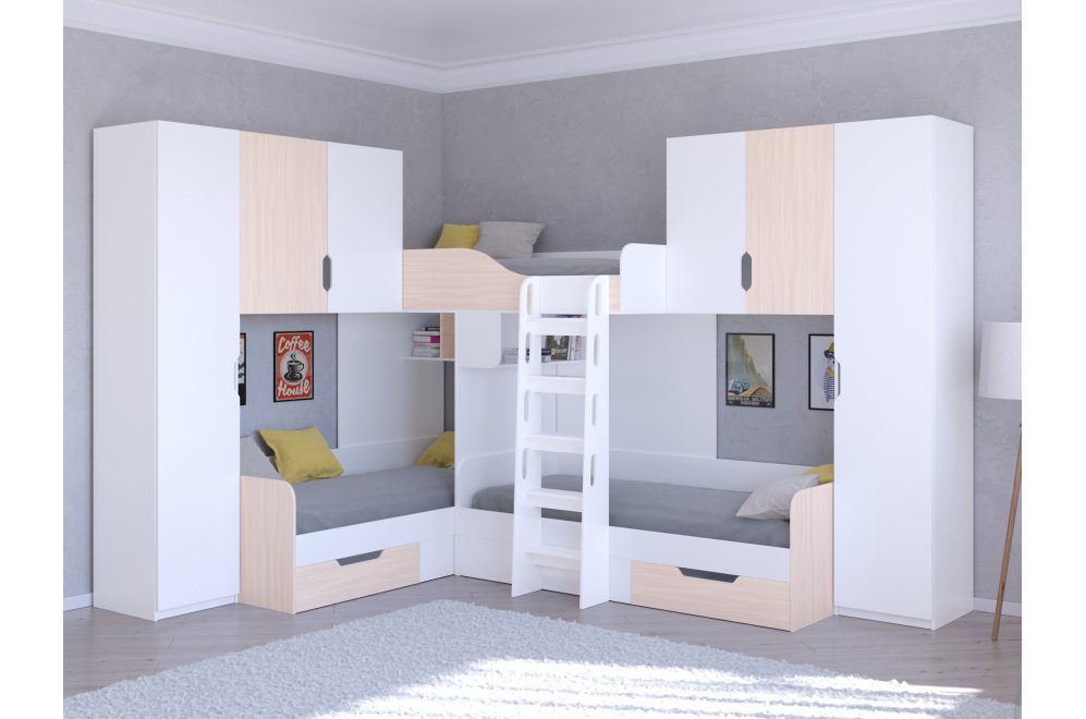 Двухъярусная кровать Трио 3 белый / дуб молочный