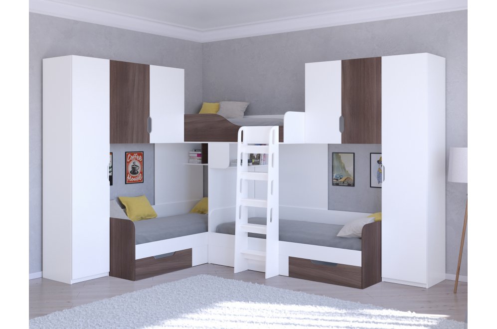 Двухъярусная кровать Трио 3 белый / дуб шамони