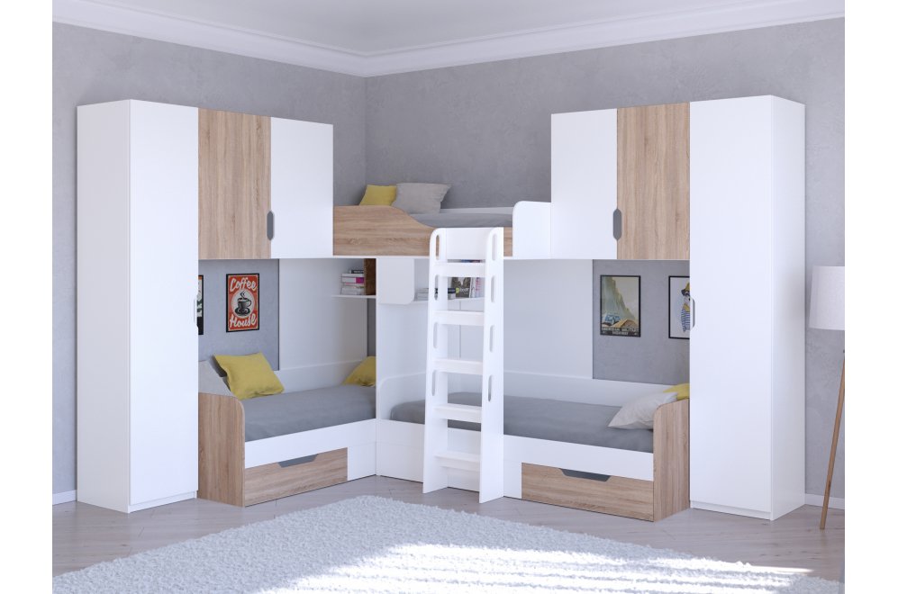 Двухъярусная кровать Трио 3 белый / дуб сонома