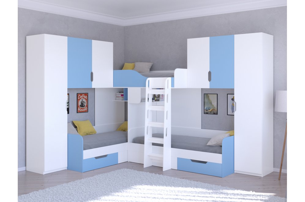 Двухъярусная кровать Трио 3 белый / голубой