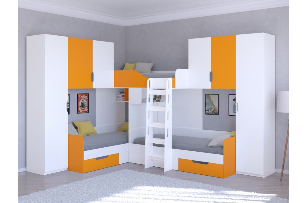 Двухъярусная кровать Трио 3 белый / оранжевый