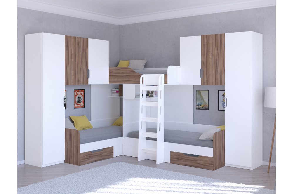 Двухъярусная кровать Трио 3 белый / орех