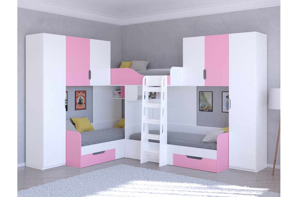 Двухъярусная кровать Трио 3 белый / розовый