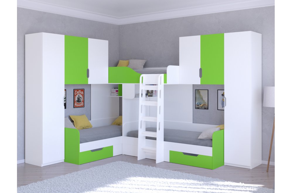 Двухъярусная кровать Трио 3 белый / салатовый