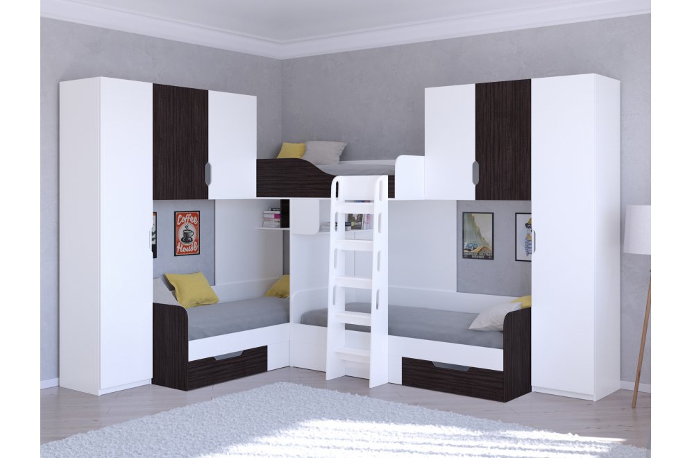 Двухъярусная кровать Трио 3 белый / венге