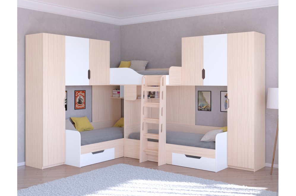 Двухъярусная кровать Трио 3 дуб молочный / белый