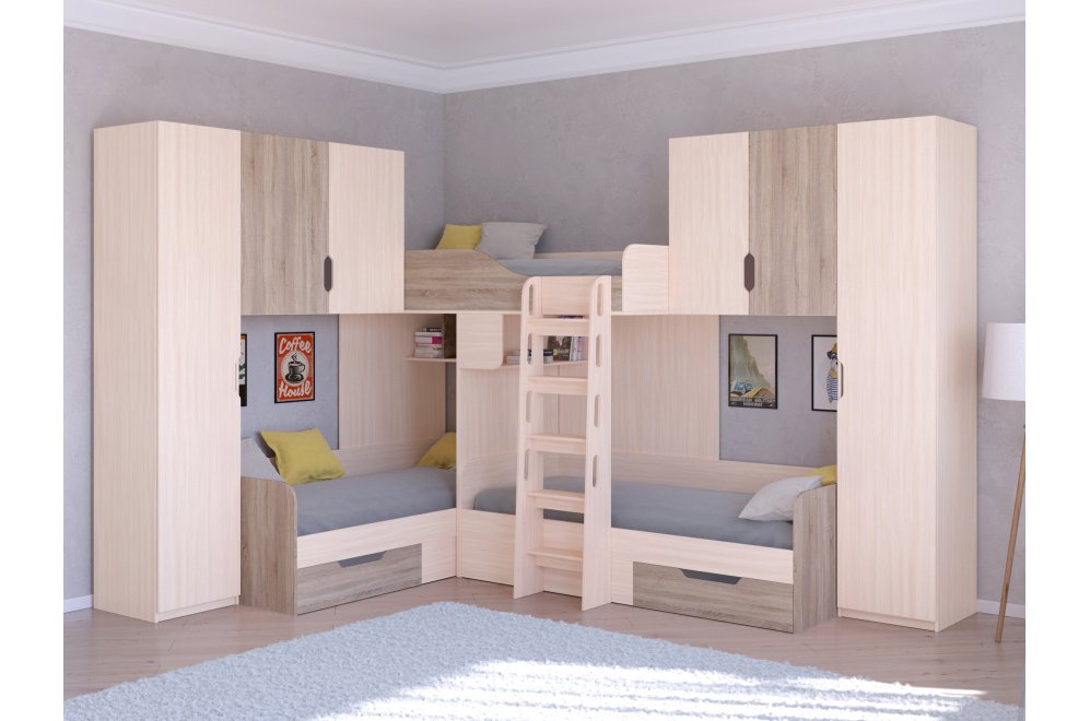 Двухъярусная кровать Трио 3 дуб молочный / дуб сонома