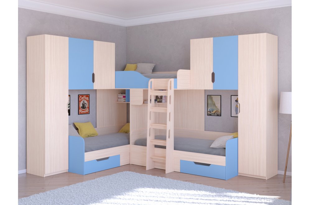 Двухъярусная кровать Трио 3 дуб молочный / голубой