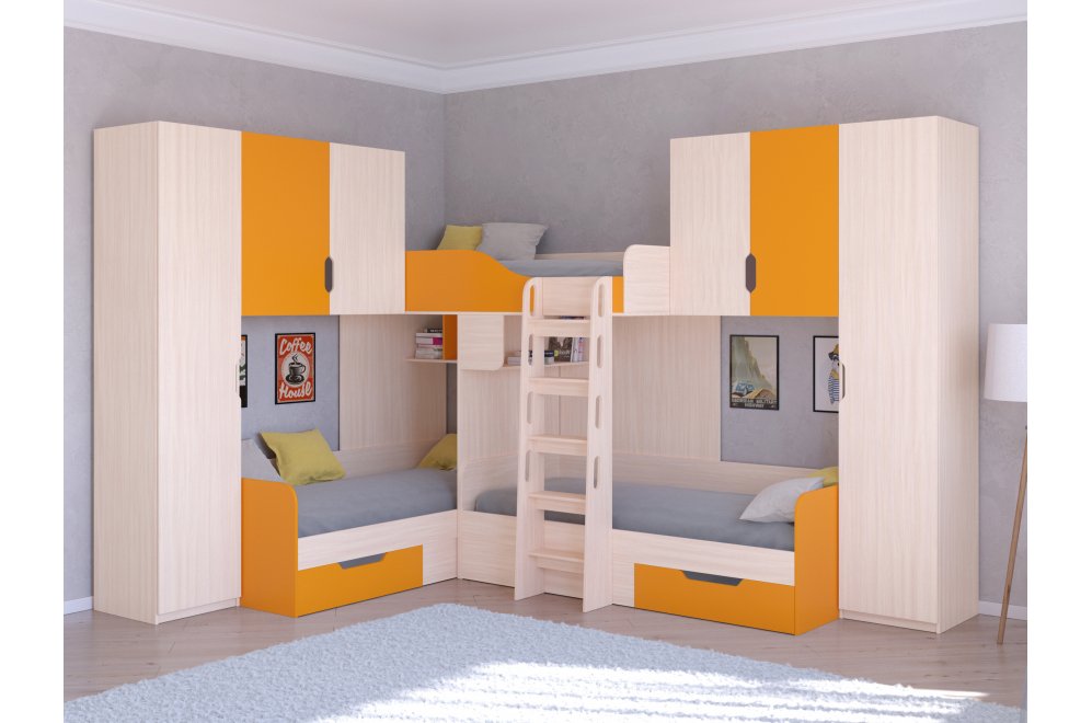 Двухъярусная кровать Трио 3 дуб молочный / оранжевый