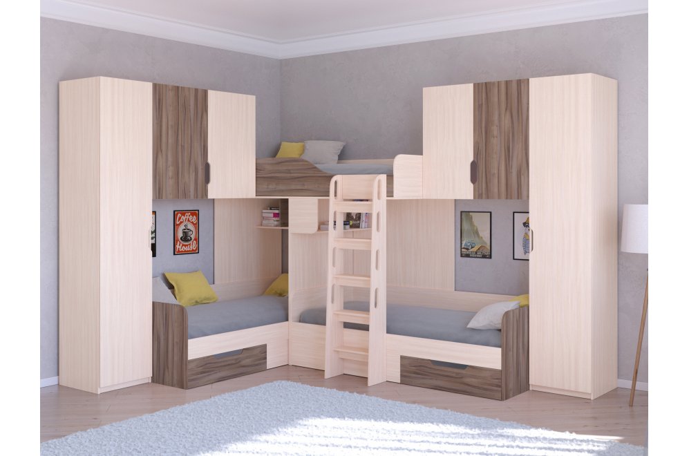 Двухъярусная кровать Трио 3 дуб молочный / орех