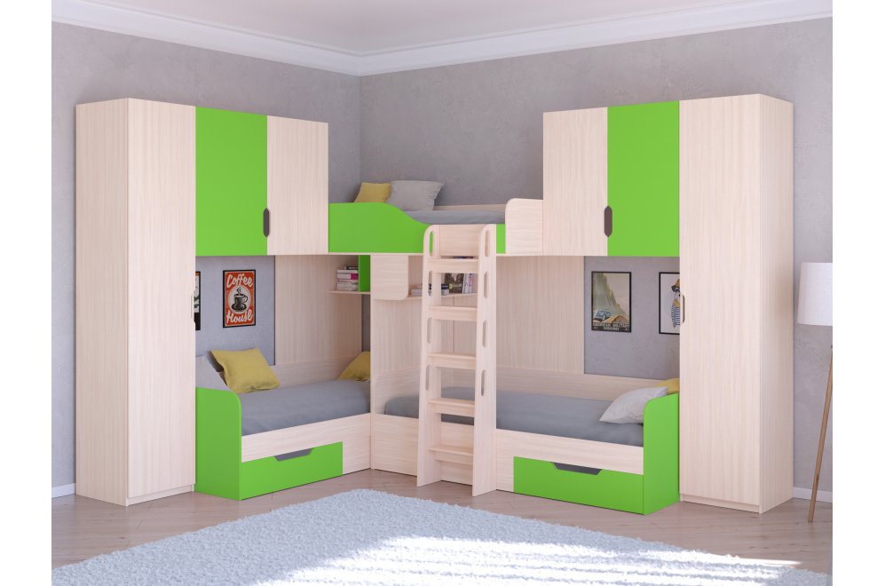 Двухъярусная кровать Трио 3 дуб молочный / салатовый