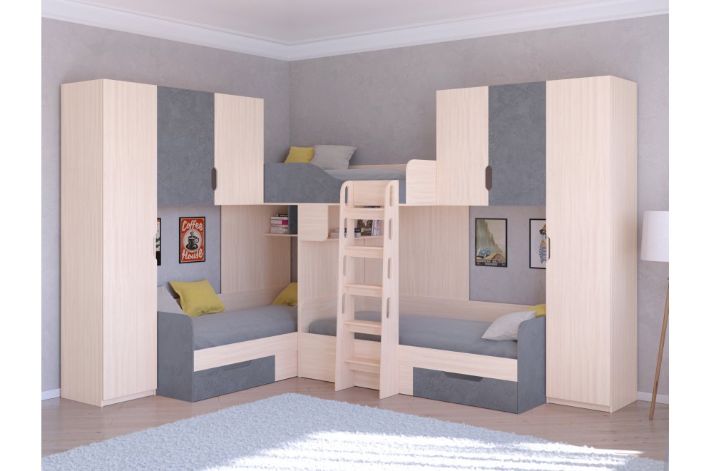 Двухъярусная кровать Трио 3 дуб молочный / железный камень