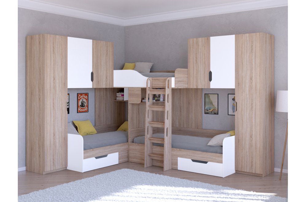 Двухъярусная кровать Трио 3 дуб сонома / белый