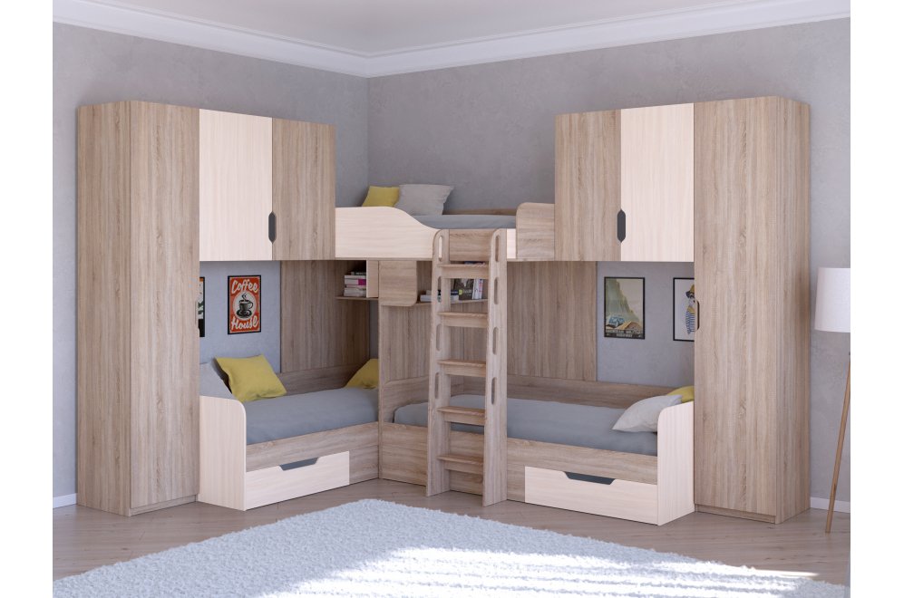 Двухъярусная кровать Трио 3 дуб сонома / дуб молочный