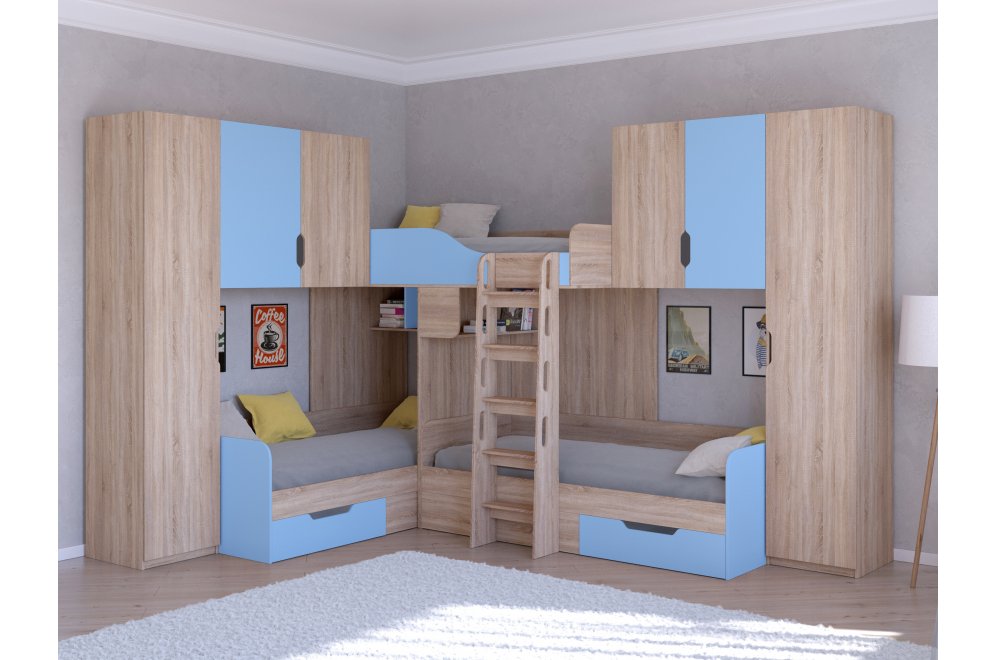 Двухъярусная кровать Трио 3 дуб сонома / голубой