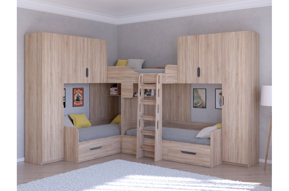 Двухъярусная кровать Трио 3 дуб сонома