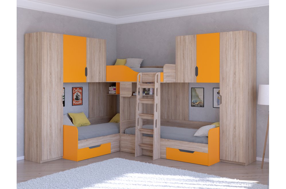 Двухъярусная кровать Трио 3 дуб сонома / оранжевый