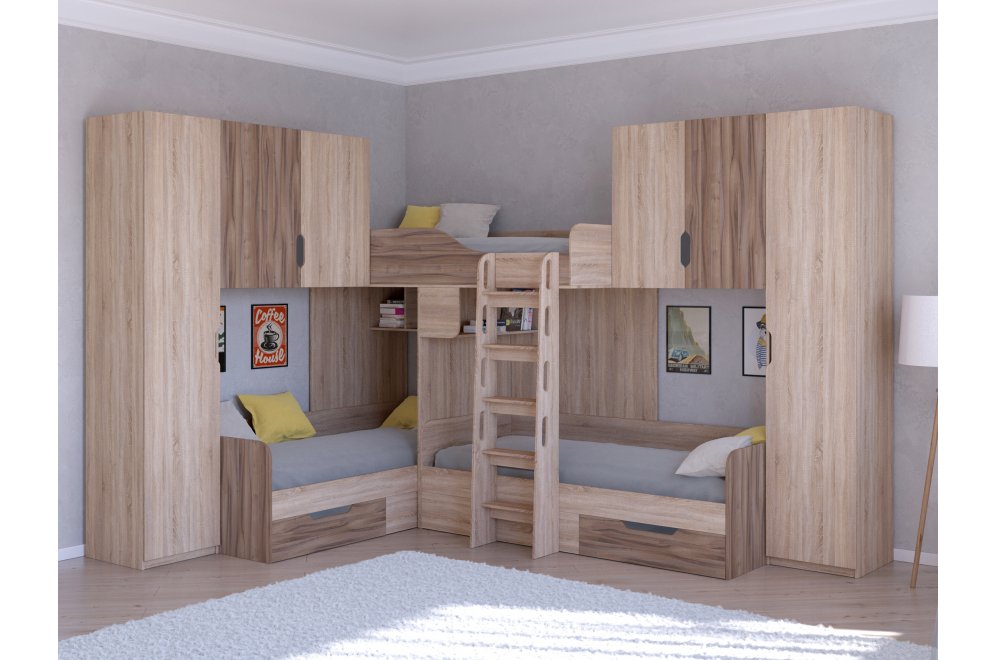 Двухъярусная кровать Трио 3 дуб сонома / орех