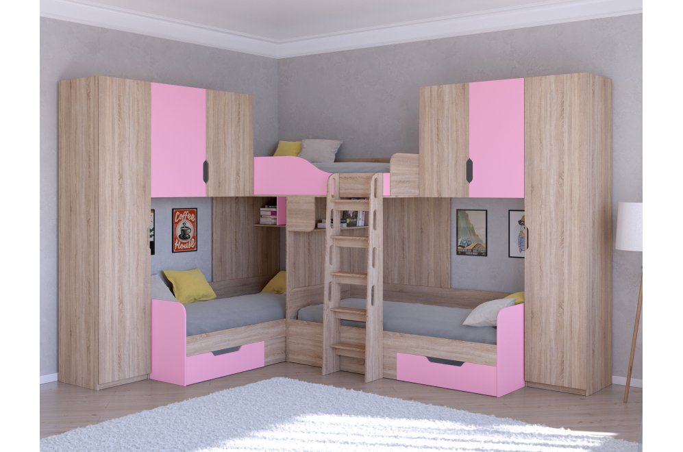 Двухъярусная кровать Трио 3 дуб сонома / розовый