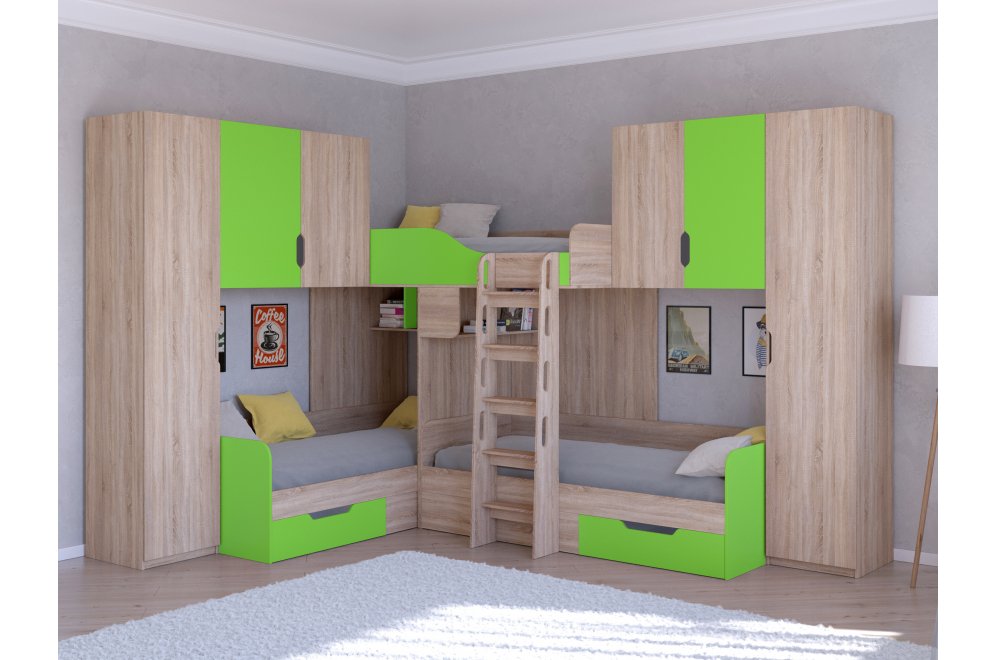Двухъярусная кровать Трио 3 дуб сонома / салатовый