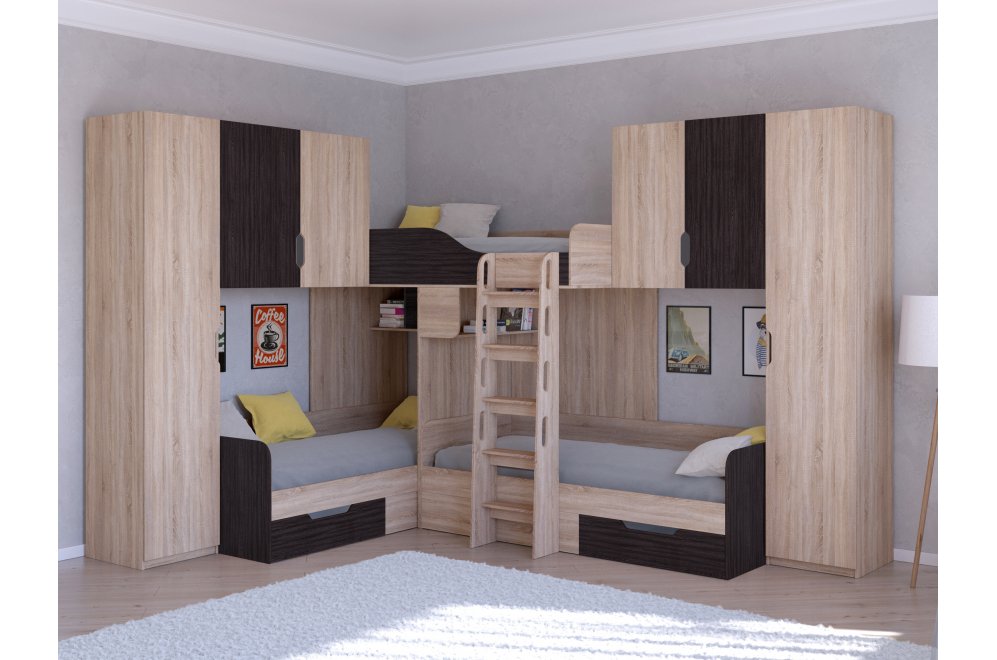 Двухъярусная кровать Трио 3 дуб сонома / венге