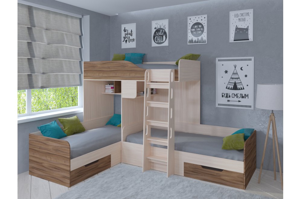 Двухъярусная кровать Трио дуб молочный / орех