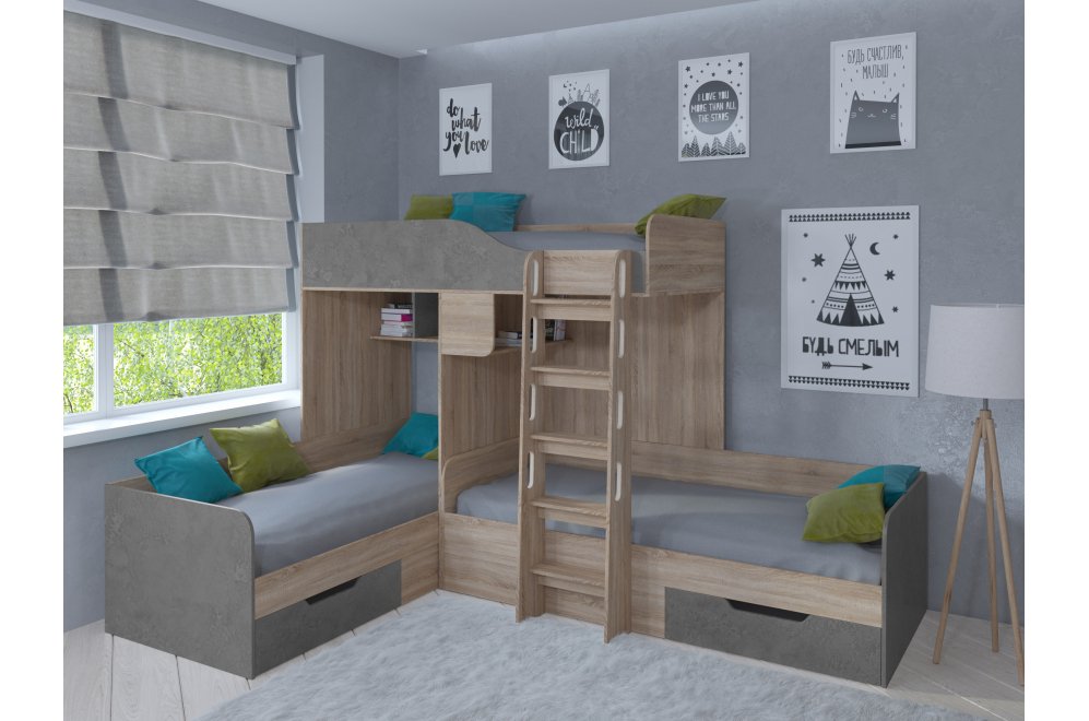 Двухъярусная кровать Трио дуб сонома / железный камень