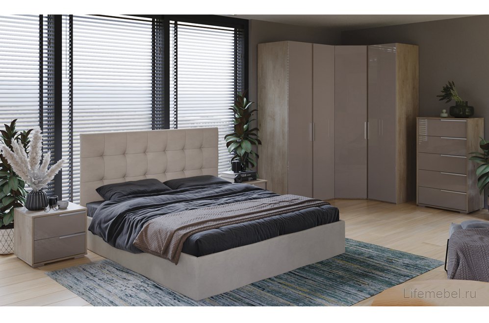 Двуспальная кровать Эмбер Тип 1 160х200 с ПМ велюр мокко светлый