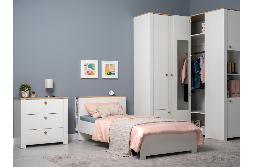 Односпальная кровать Джастин 11.54 90х200 белый PE шагрень / дуб белый exclusive OW D4430 / белая шагрень 4101