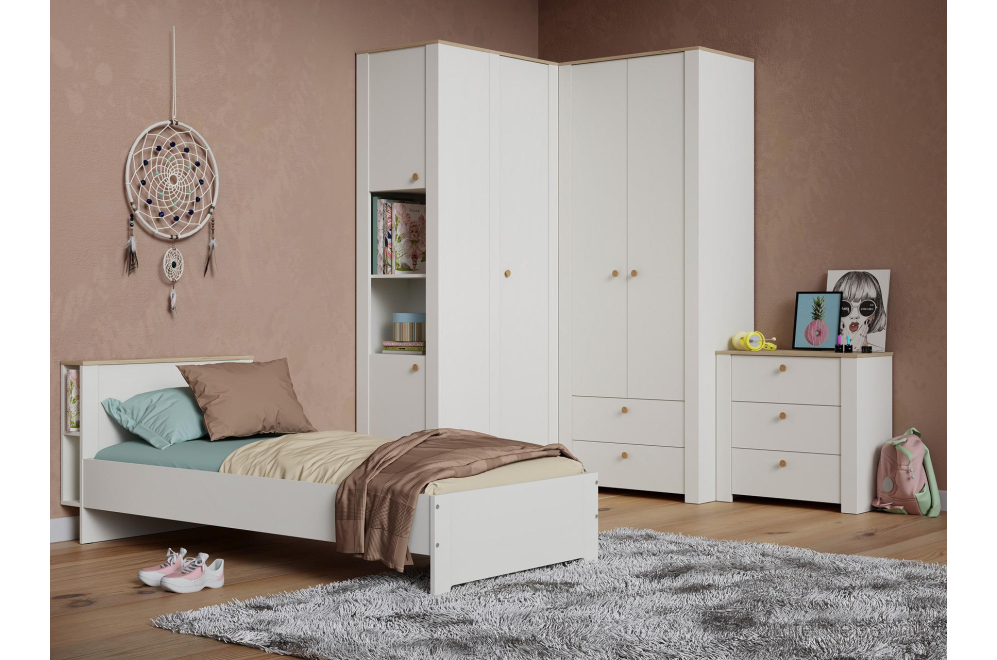 Односпальная кровать Джастин 11.54 90х200 белый PE шагрень / дуб белый exclusive OW D4430 / белая шагрень 4101