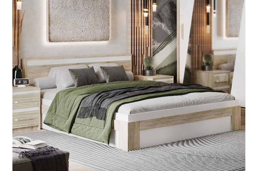 Полутораспальная кровать Вавилон 140х200 с ПМ дуб сонома / белый жемчуг