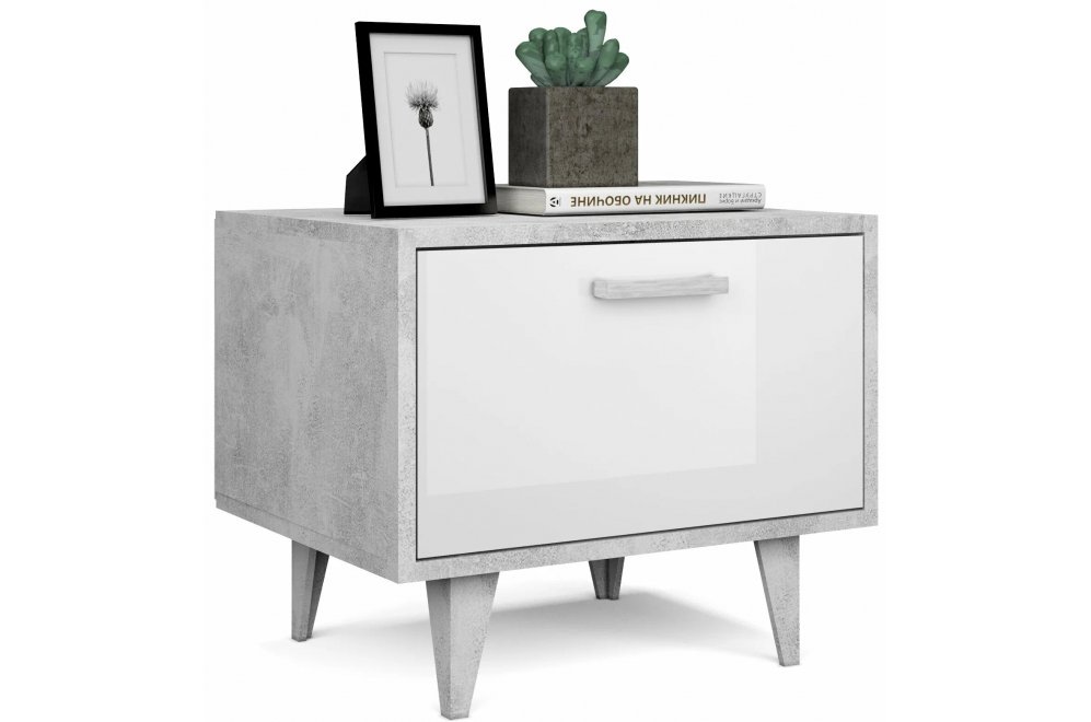 Прикроватная тумба Эго Т-5 на ножках бетон светлый / белый глянец