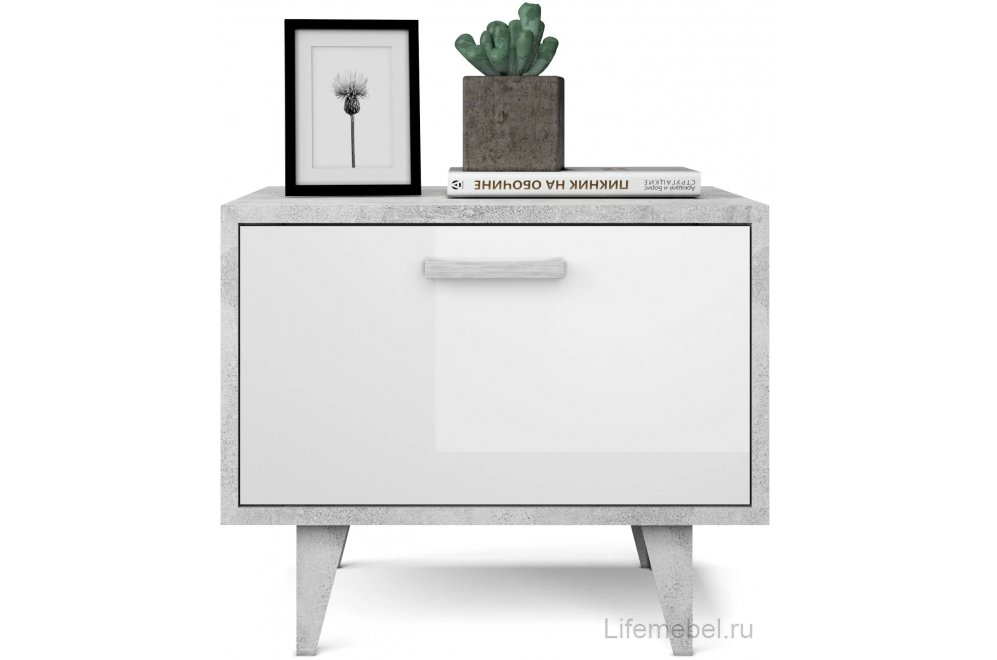 Прикроватная тумба Эго Т-5 на ножках бетон светлый / белый глянец