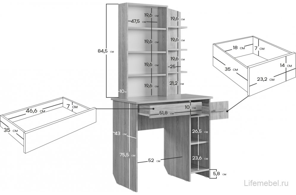 Туалетный столик / Трюмо Виктория-1 дуб крафт золотой 850х430х1650