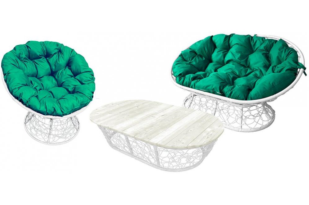 Комплект для отдыха из ротанга Мамасан Папасан белый / зелёная подушка