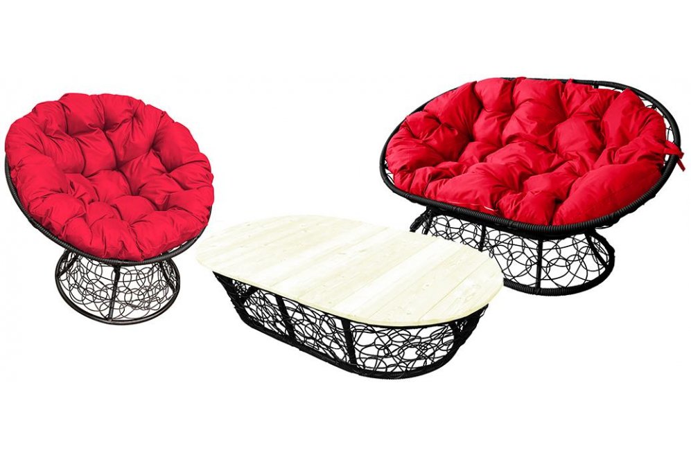 Комплект для отдыха из ротанга Мамасан Папасан чёрный / красная подушка