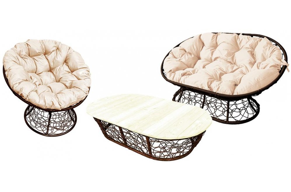 Комплект для отдыха из ротанга Мамасан Папасан коричневый / бежевая подушка