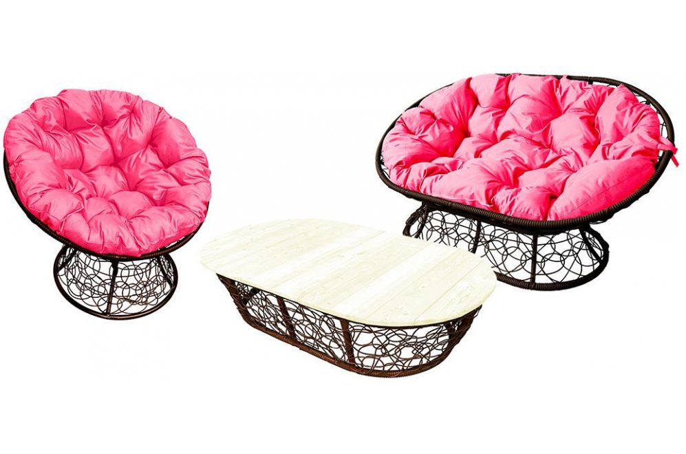 Комплект для отдыха из ротанга Мамасан Папасан коричневый / розовая подушка