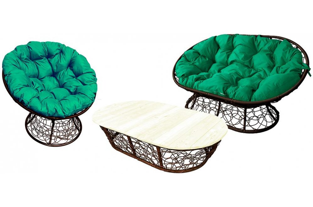 Комплект для отдыха из ротанга Мамасан Папасан коричневый / зелёная подушка