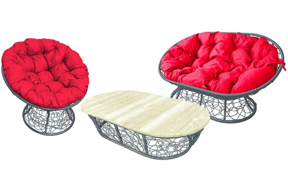 Комплект для отдыха из ротанга Мамасан Папасан серый / красная подушка