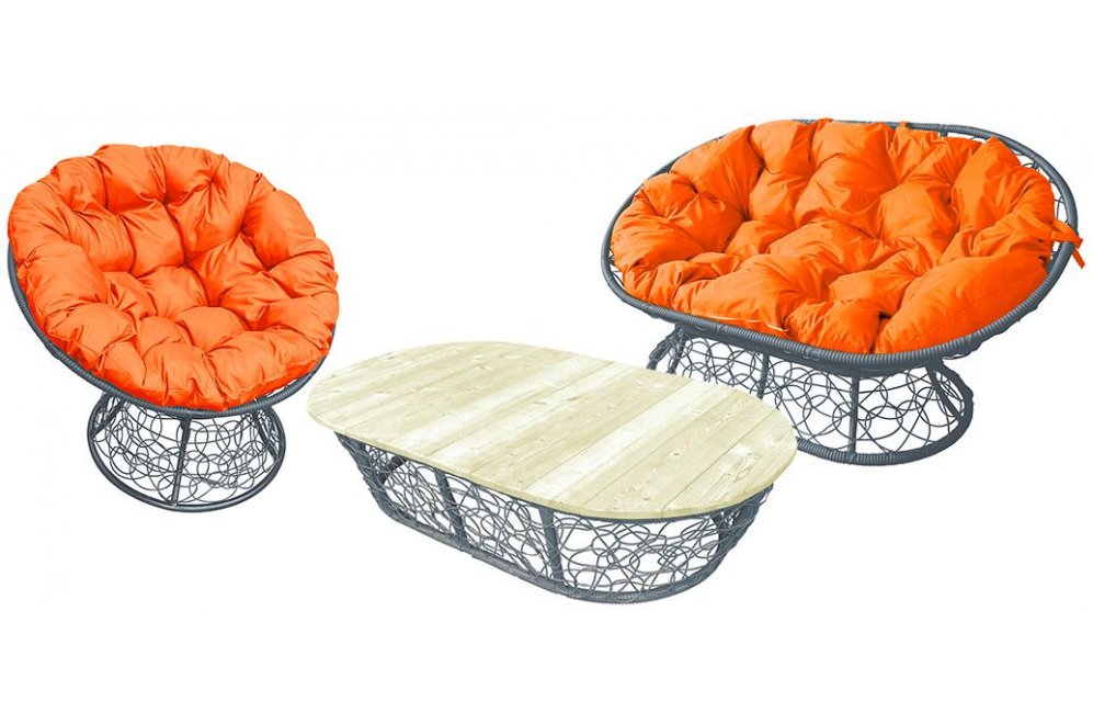 Комплект для отдыха из ротанга Мамасан Папасан серый / оранжевая подушка