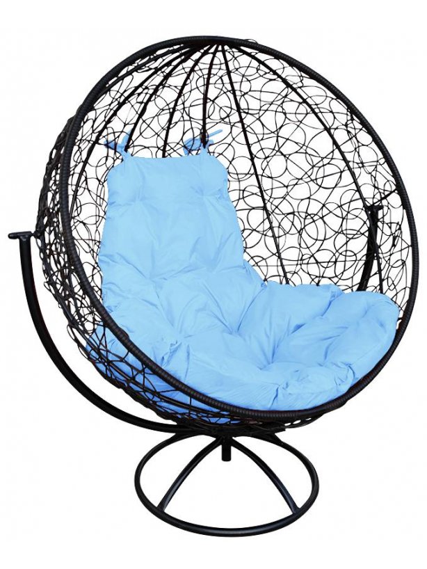 Кресло из ротанга Круг чёрное / голубая подушка