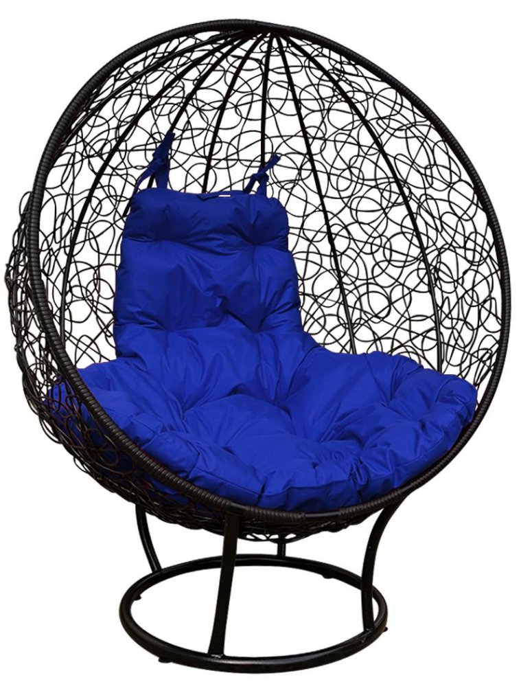 Кресло из ротанга Круг чёрное / синяя подушка
