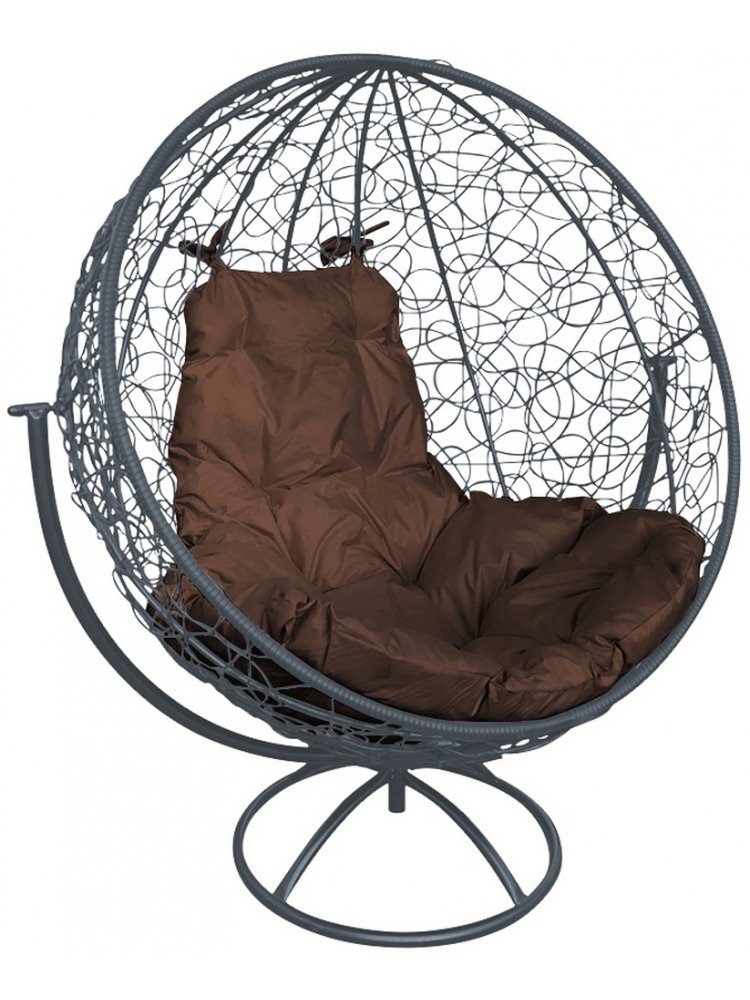 Кресло из ротанга Круг серое / коричневая подушка