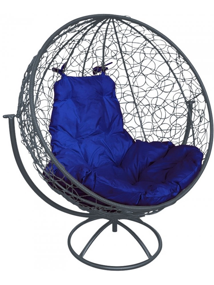 Кресло из ротанга Круг серое / синяя подушка