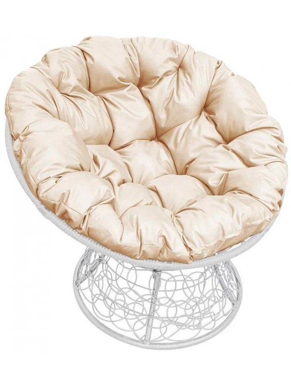 Кресло из ротанга Папасан белое / бежевая подушка